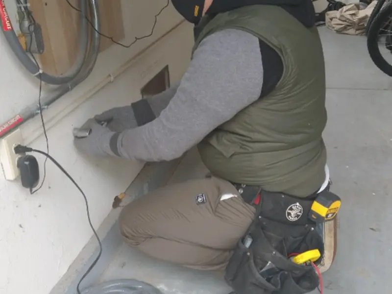 Electrician performing outlet wiring in a Desloge garage